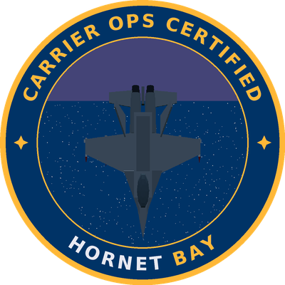 The Carrier Ops Certified insignia: amber roundel, dusk-over-ocean roundel scene, top-down Hornet, CARRIER OPS CERTIFIED and HORNET BAY arc text