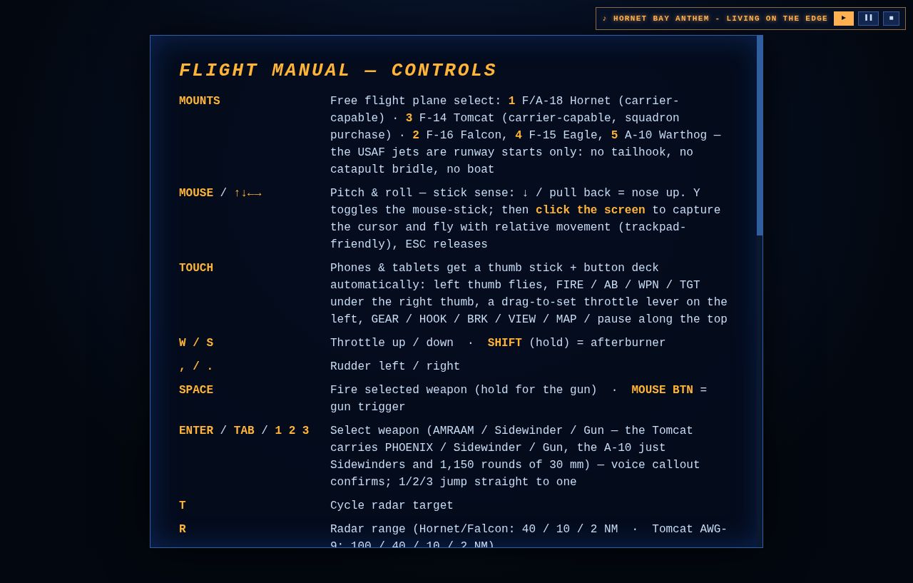 The flight manual controls grid in larger type