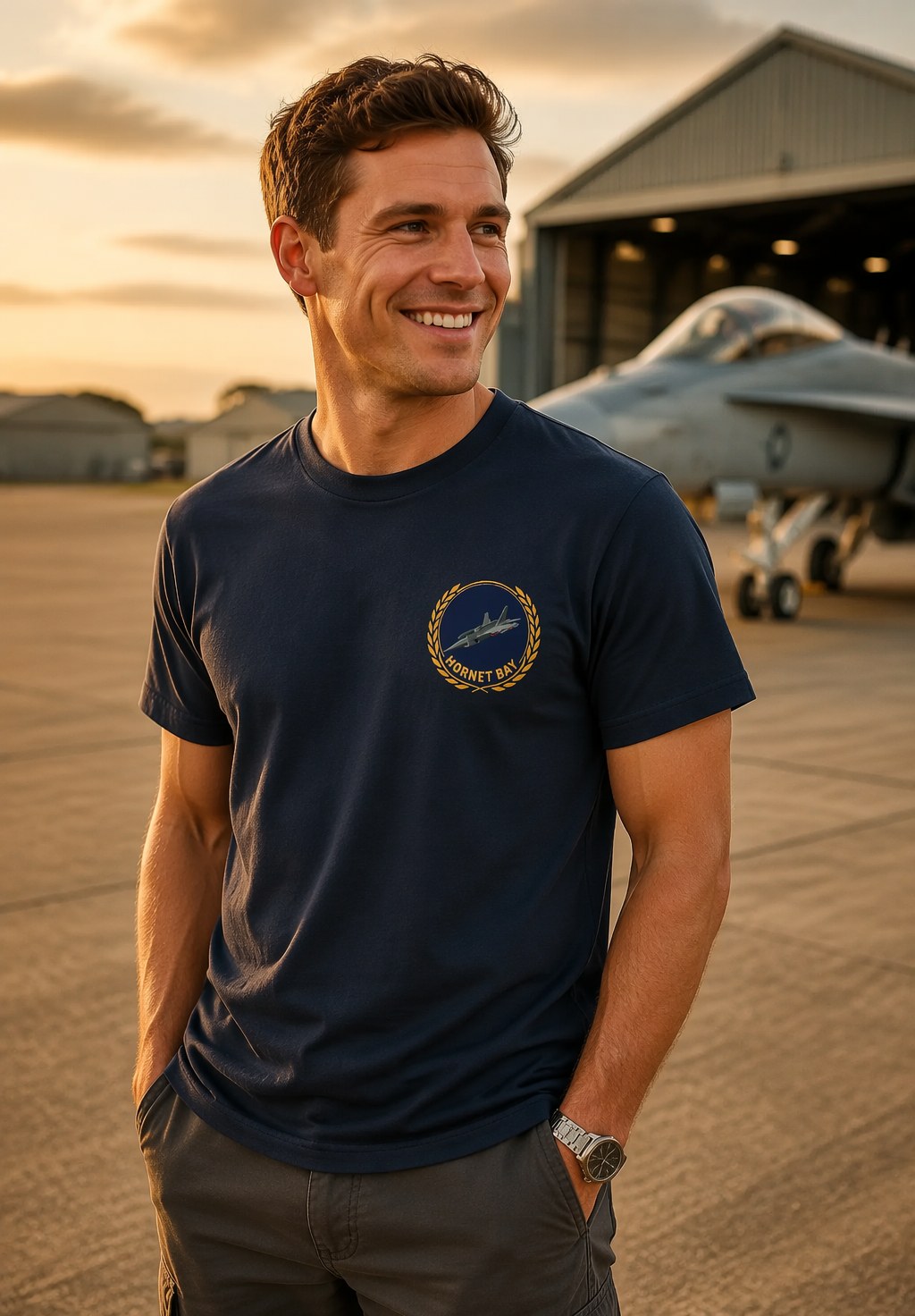 Model on an airfield tarmac at golden hour wearing the navy Squadron Laurel Tee with the laurel emblem on the left chest